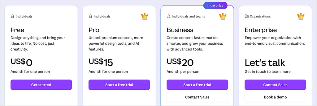 Canva pricing plans