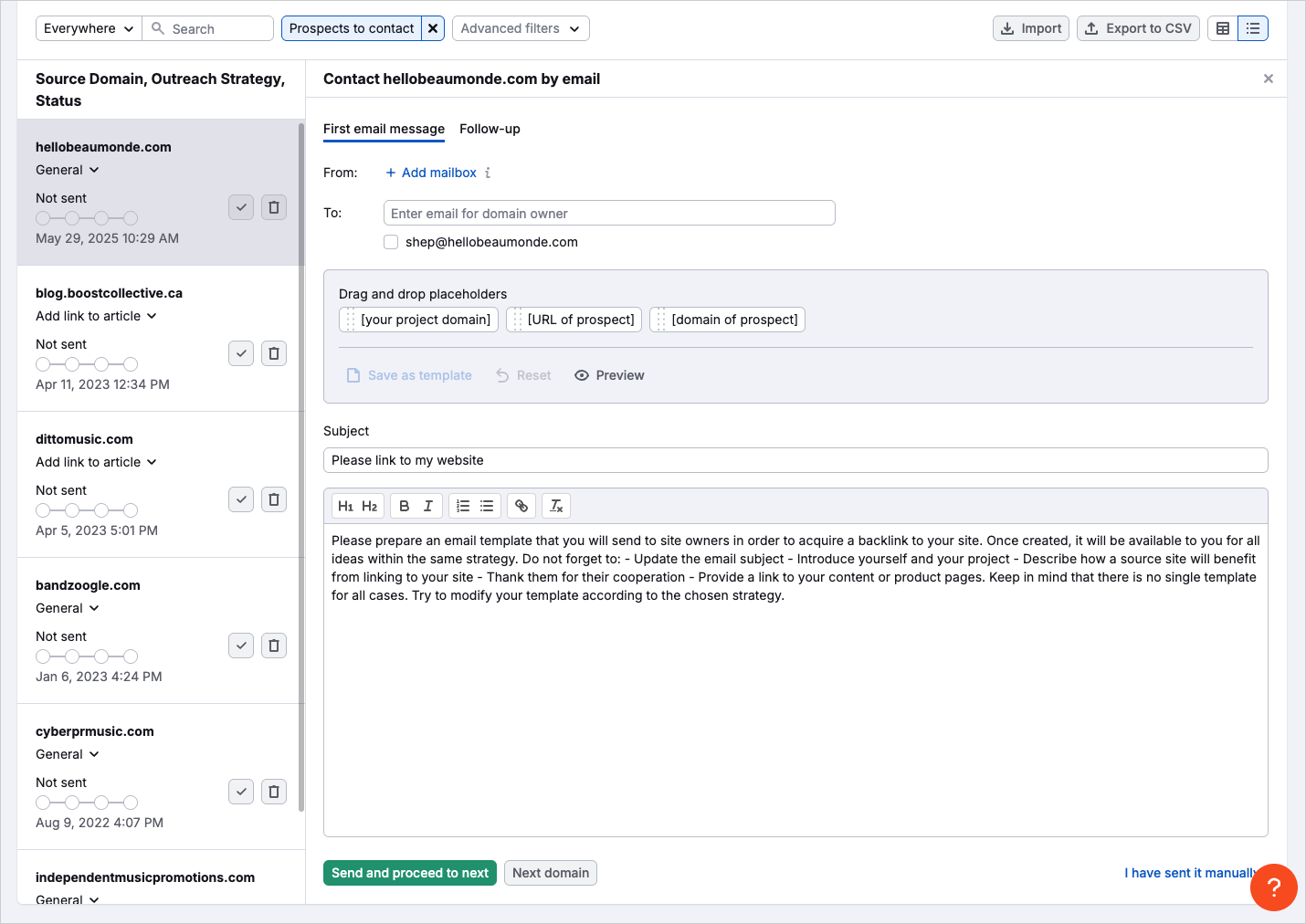 CRM-style outreach in Semrush
