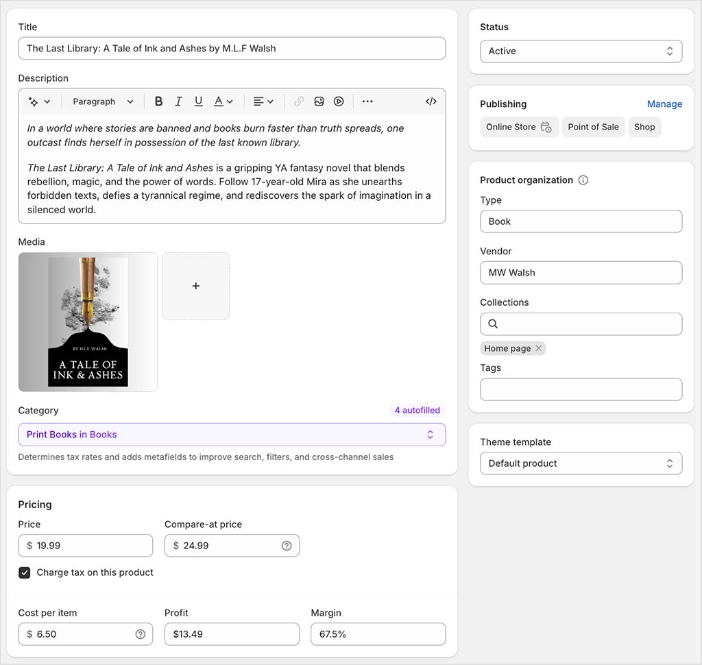 Adding product details to a book product in Shopify