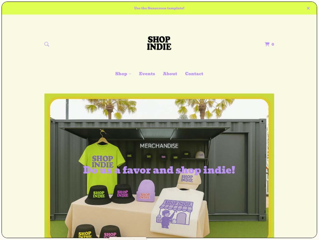 Example of a Big Cartel template, 'Sunscreen'