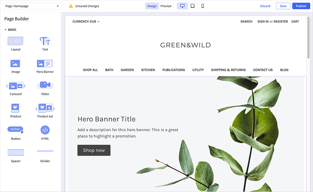 BigCommerce's built-in ‘page builder,’ which features drag-and-drop functionality.