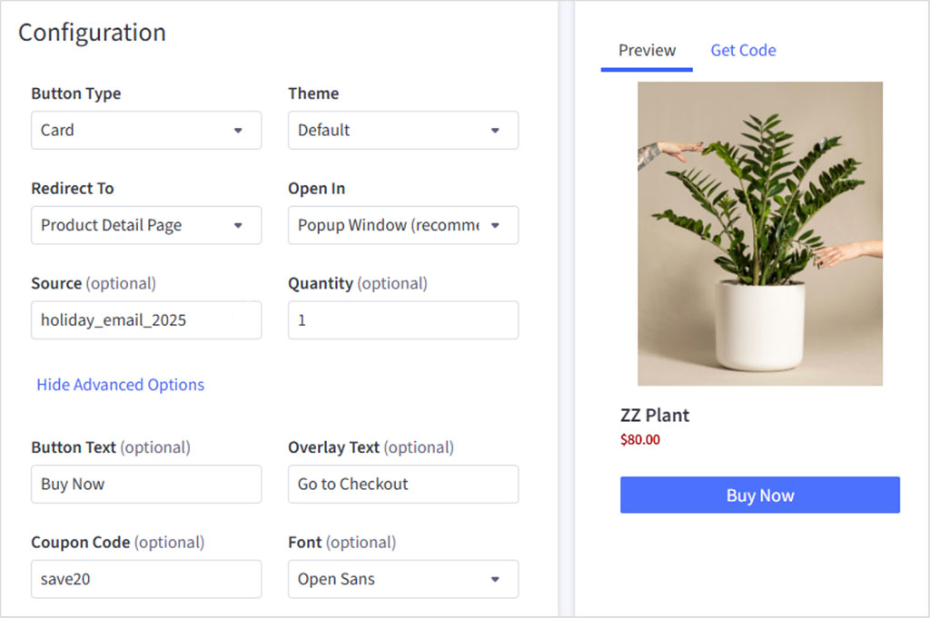 Configuring a 'Buy Button' in the BigCommerce platform