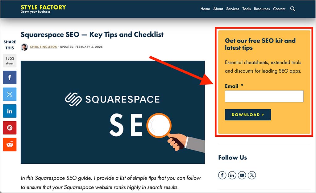 An example of an email sign up box on a blog post