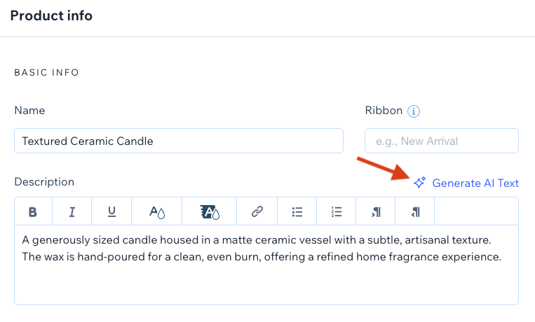 Wix's AI Text generator tool being used to create product descriptions