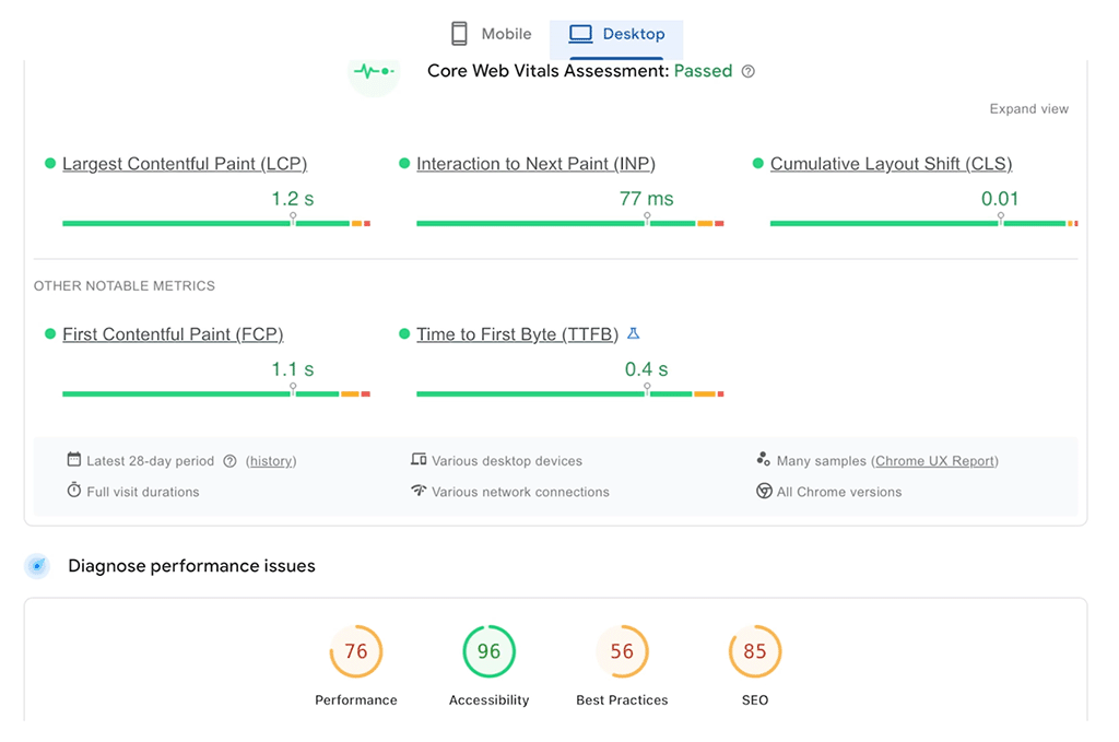 A 'Core Web Vitals' report in Google’s Pagespeed Insights tool