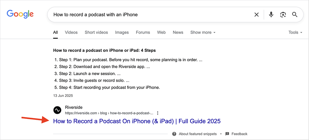 Google search results for the phrase ‘How to record a podcast with an iPhone'