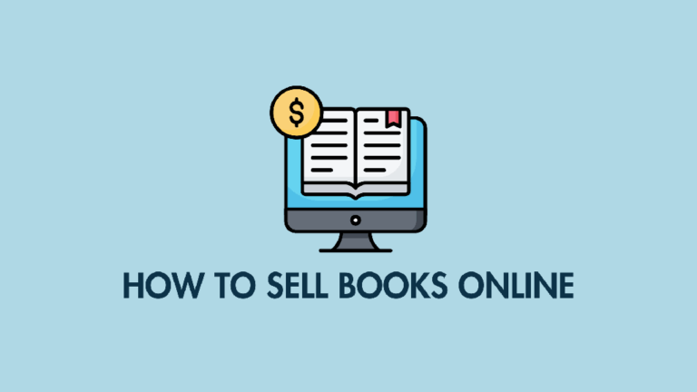 'How to sell books online' - image with a graphic of a computer screen featuring a book and dollar sign, accompanied by the text 'how to sell books online'. 