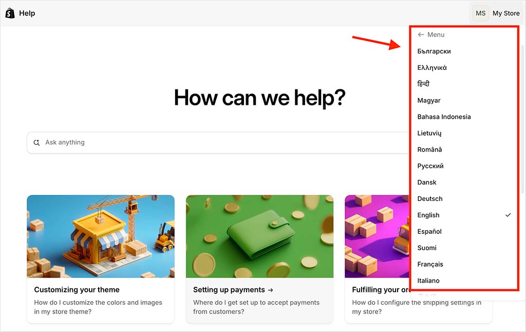 Shopify help center language options