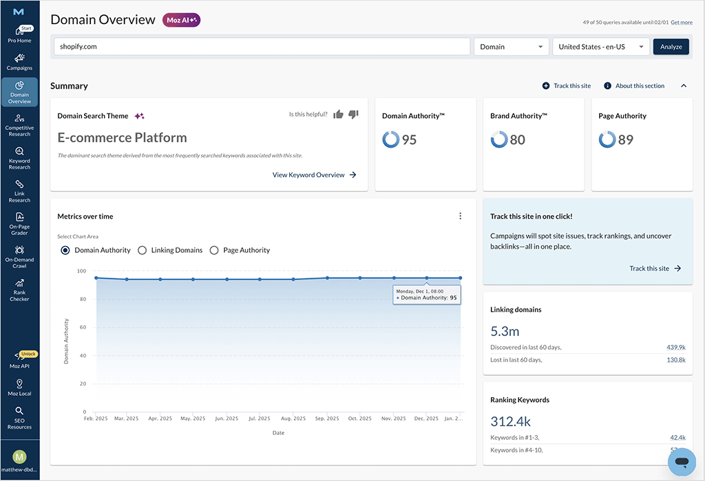 Moz's 'Domain Overview' feature