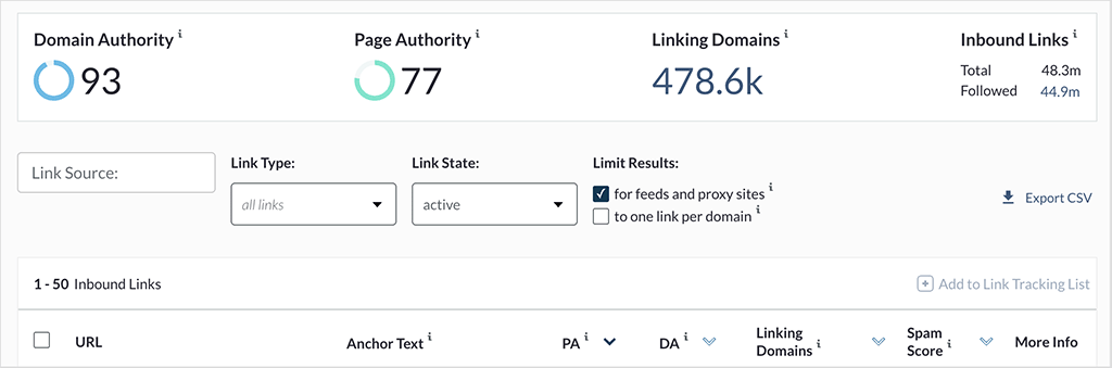 Backlink filters in Moz Pro