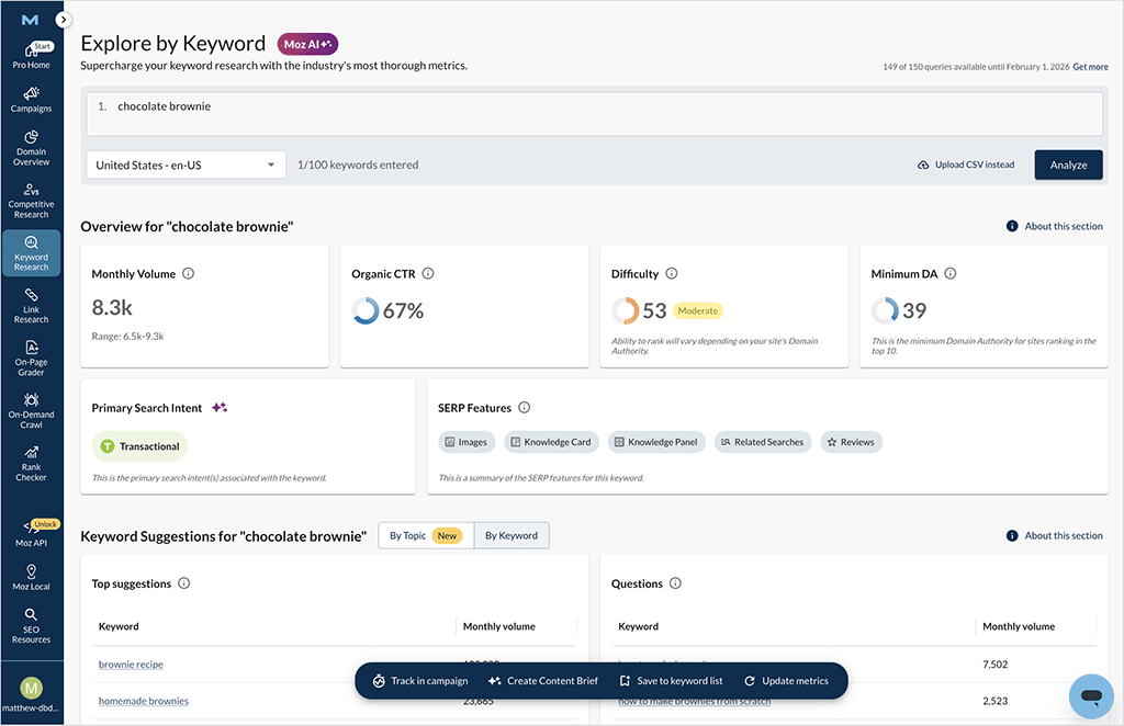 Moz's 'Explore by Keyword' section