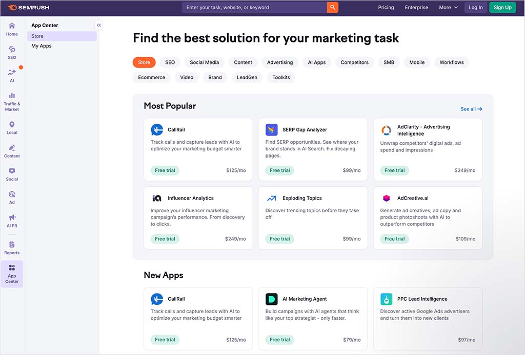 The app center in Semrush