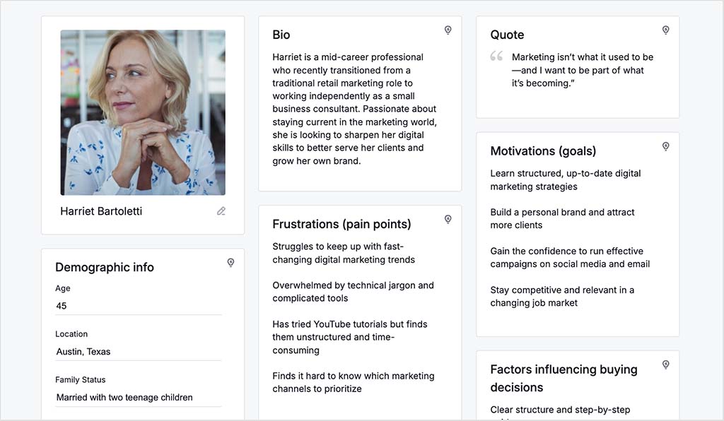 An example of a buyer persona (created using Semrush's free buyer persona tool)