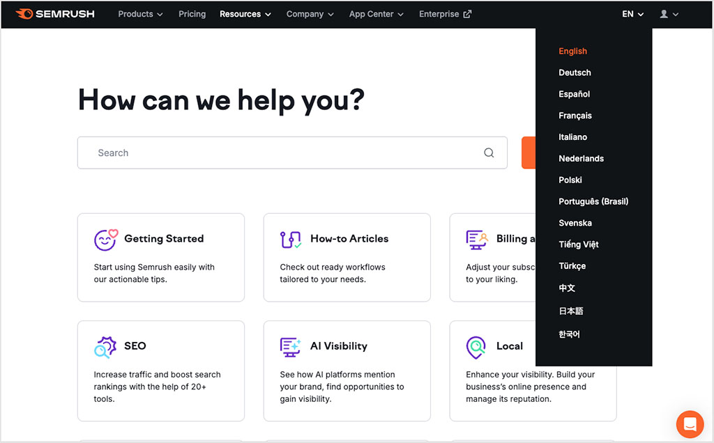 Semrush help center languages