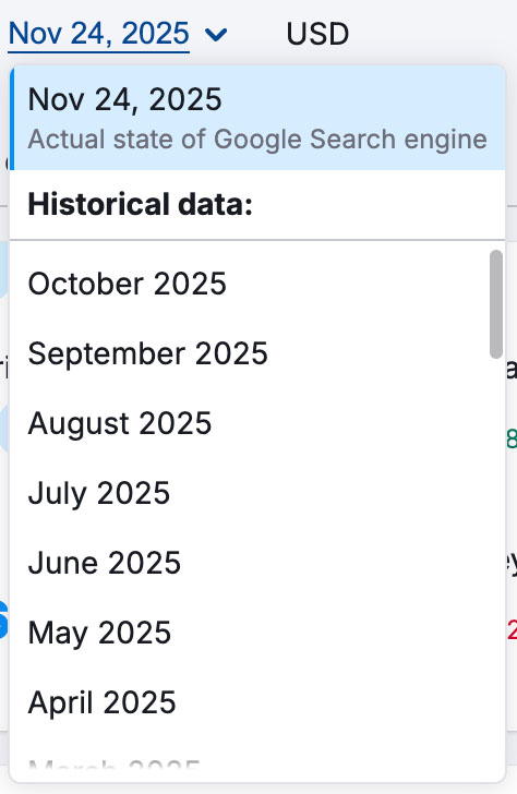 Accessing historical search data in Semrush — data is available from January 2012 to the present day