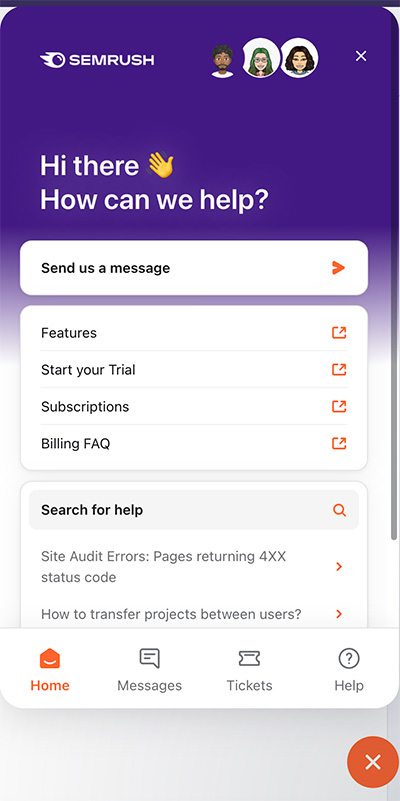 Semrush live chat feature