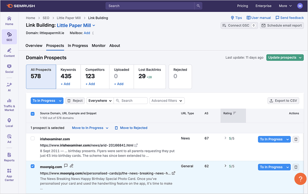Using Semrush's Link Building Tool