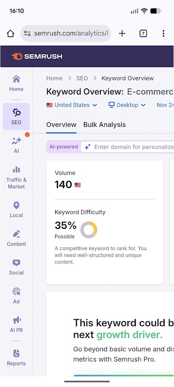 The Semrush mobile interface