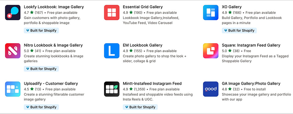 Gallery apps in the Shopify app store