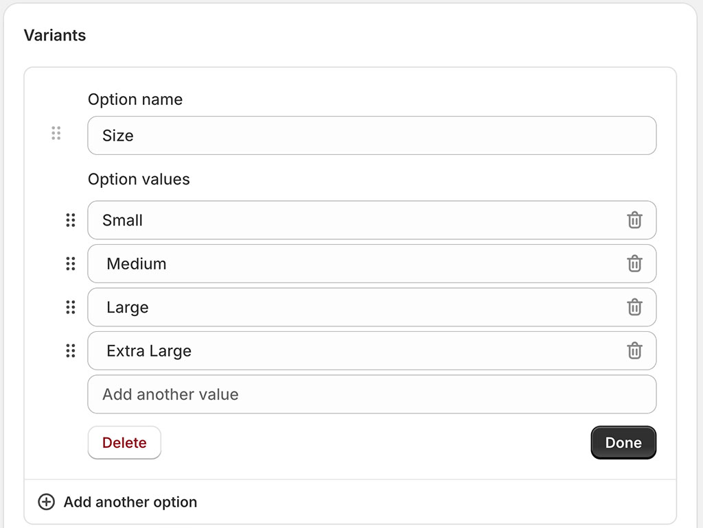 Adding product options in Shopify