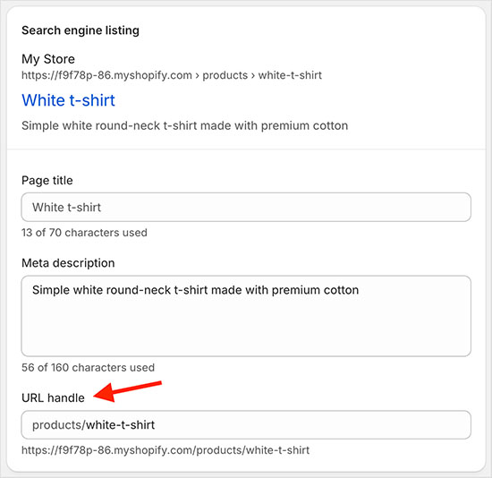 Managing SEO settings for a product page in Shopify
