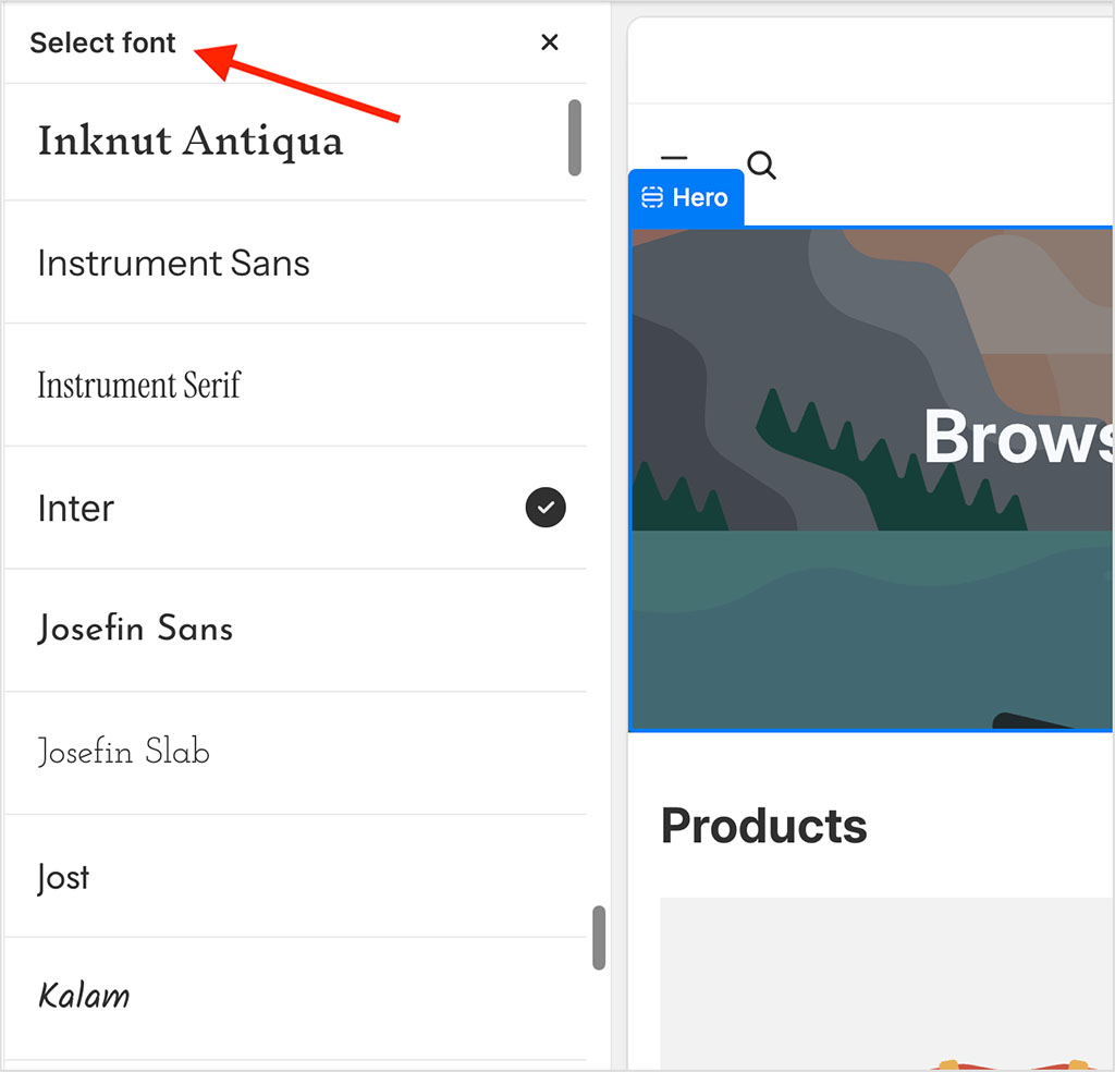Selecting fonts in Shopify