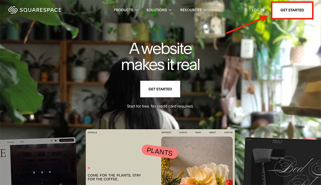 The 'Get Started' button on the Squarespace home page that lets you start a free trial