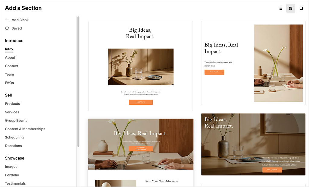 Defining page layout in Squarespace