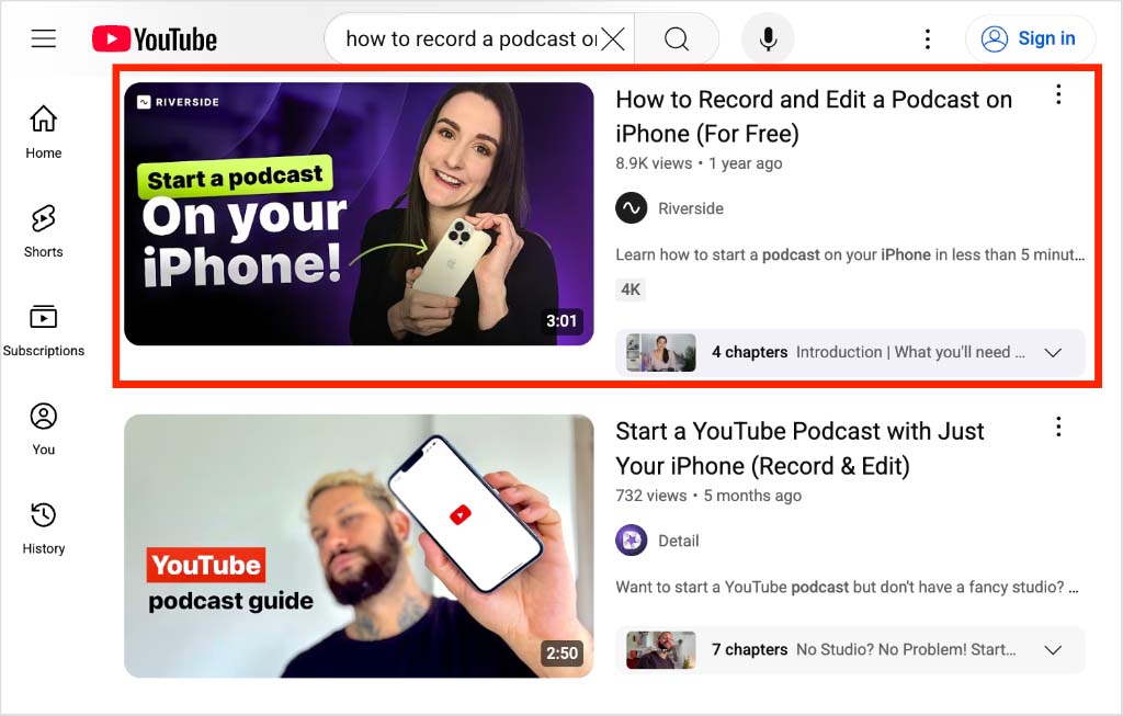 YouTube search results