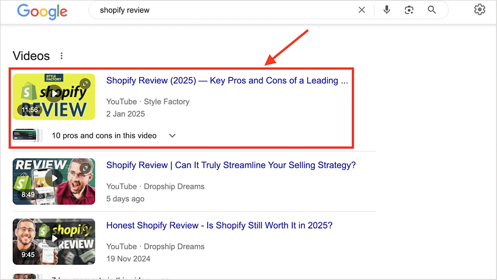 YouTube videos in Google search results