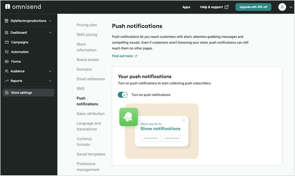 Activating push notifications in Omnisend