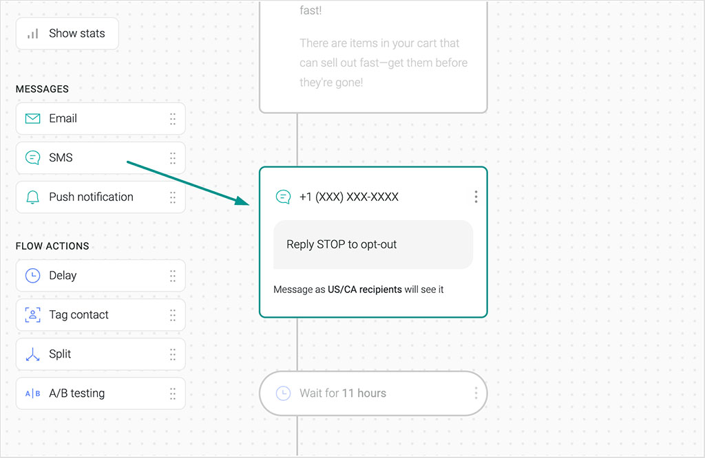 Adding an SMS step to an automated campaign in Omnisend