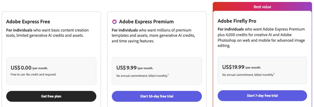 Adobe Express pricing plans