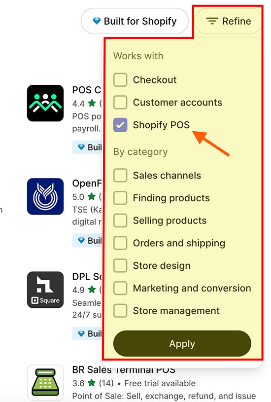 Shopify app store filters.