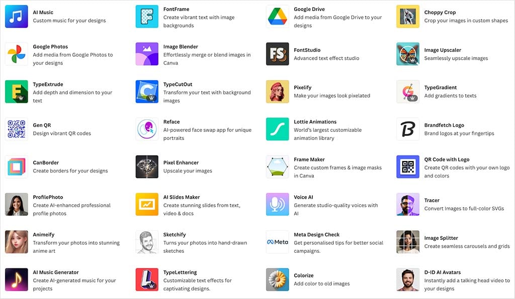Some of the apps available in Canva's apps marketplace