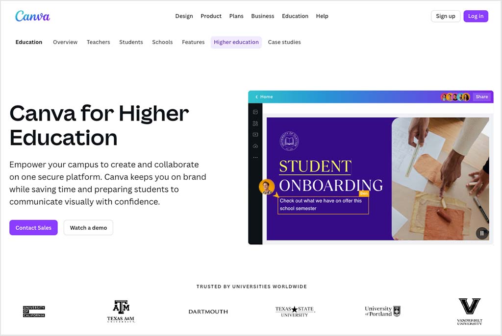 The 'Canva for Higher Education' page