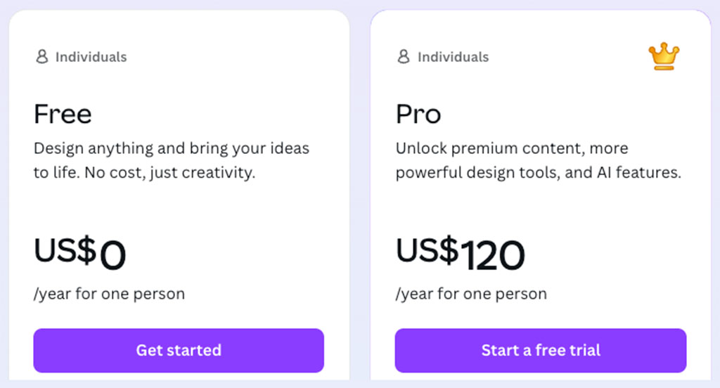 The two main Canva plans