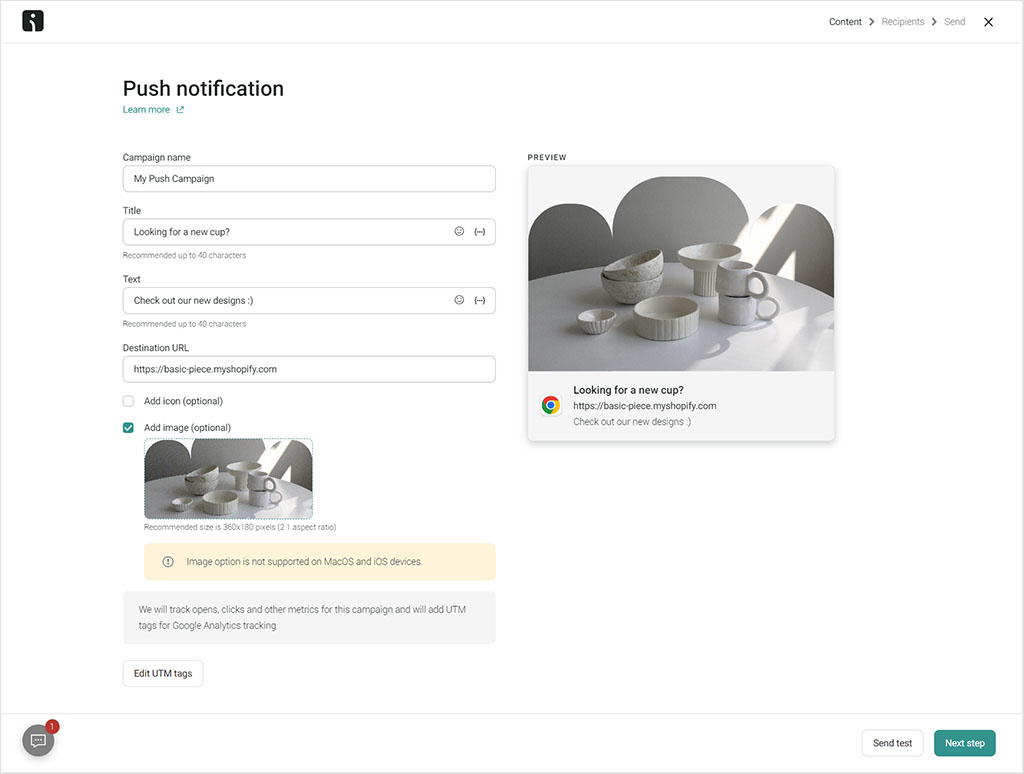 Creating a push notification in Omnisend