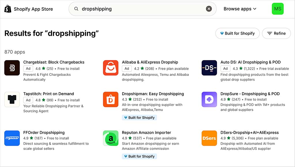 Some of the 870 dropshipping apps that are currently available for Shopify