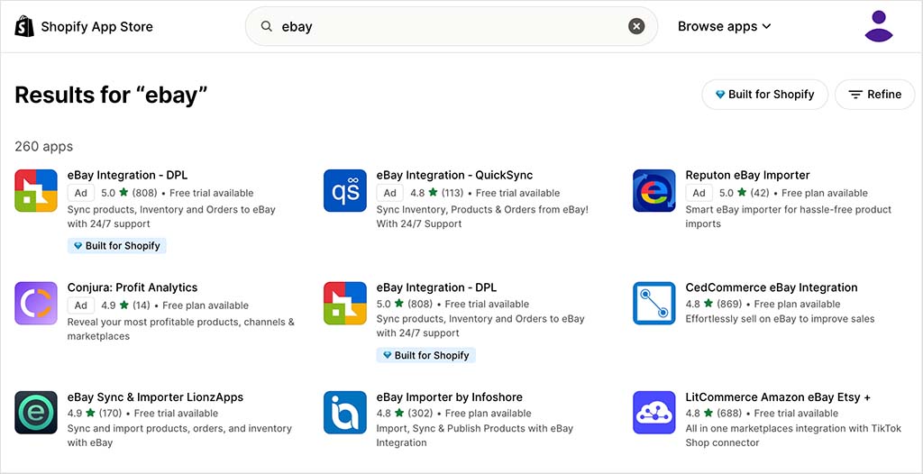 eBay-related apps in the Shopify app store.