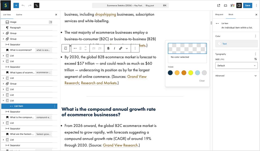 Editing WordPress content in its back end.