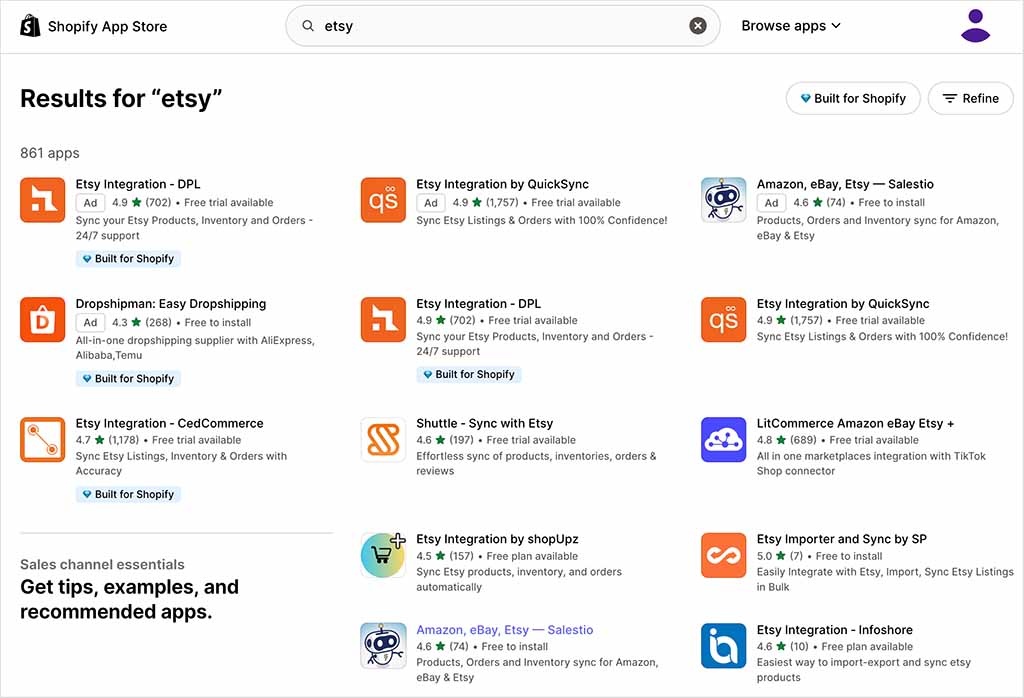 Etsy apps in the Shopify app store