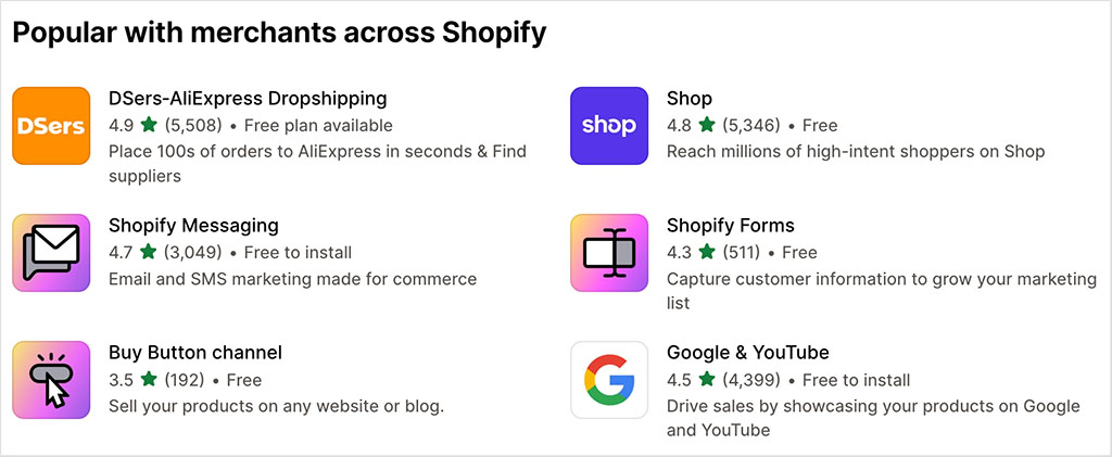 Examples of Shopify apps.