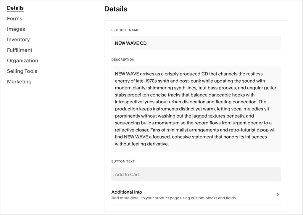 Using Squarespace’s ecommerce features to sell CDs — WordPress doesn't have any built-in online selling tools.