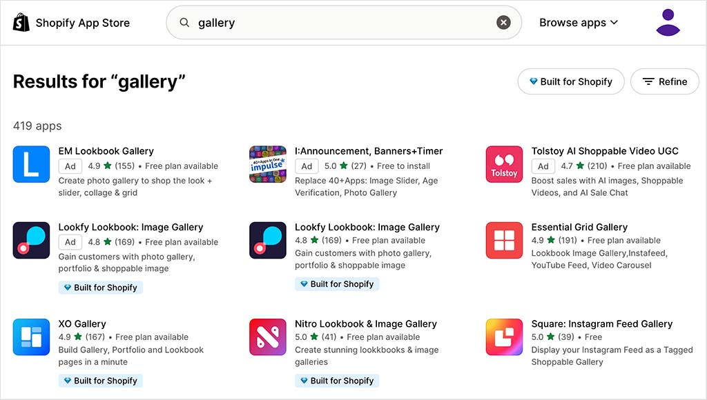 Some of the gallery apps available for Shopify
