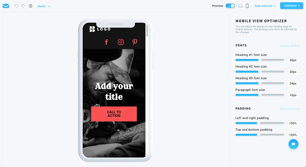 Mobile version of landing page in GetResponse.