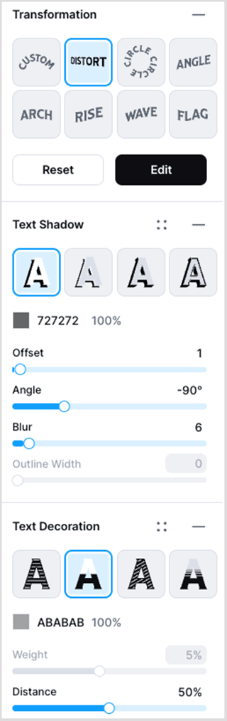 Text effect controls in Kittl