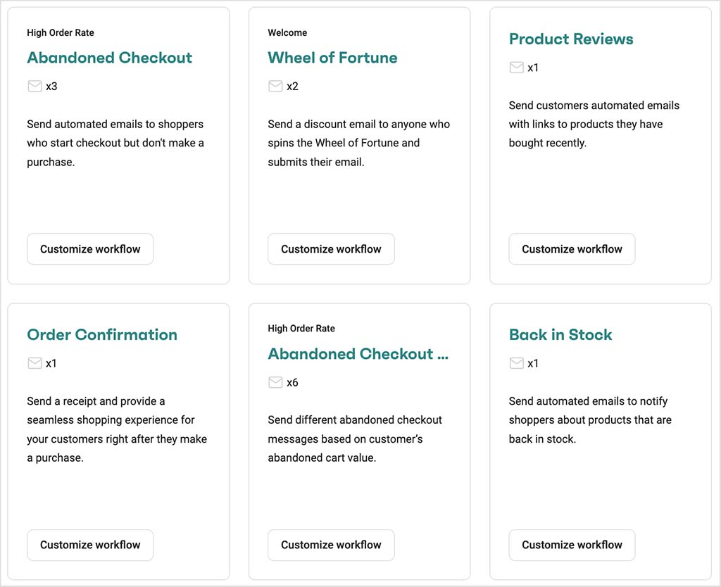 Some of the 27 prebuilt workflow automations available in Omnisend