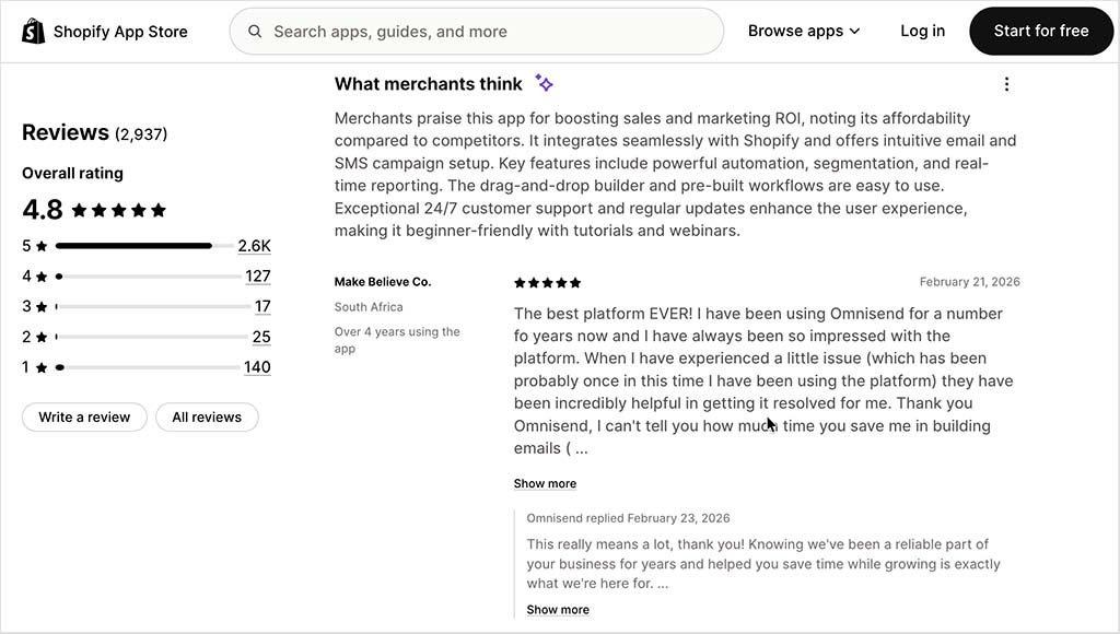 Shopify merchant feedback on Omnisend