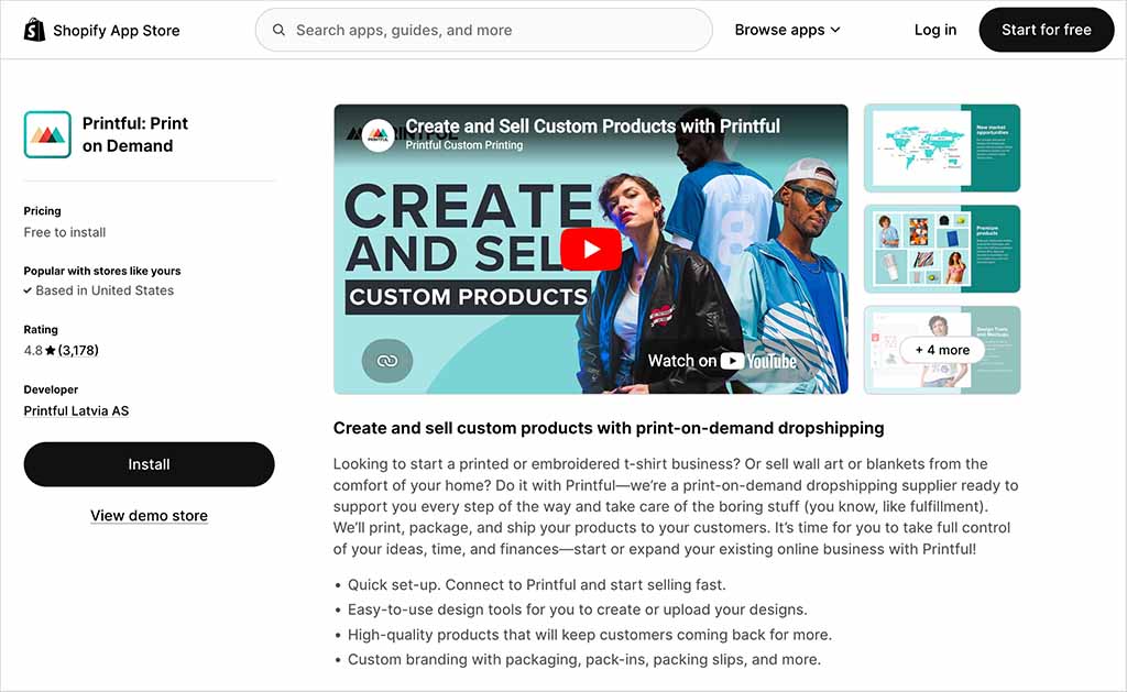 The official Printful app in the Shopify app store